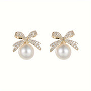 Chic Vintage-Inspired Bow & Faux Pearl Stud Earrings with Sparkling Rhinestones - Perfect for Parties & Festivals - Luxe Ladies Moda