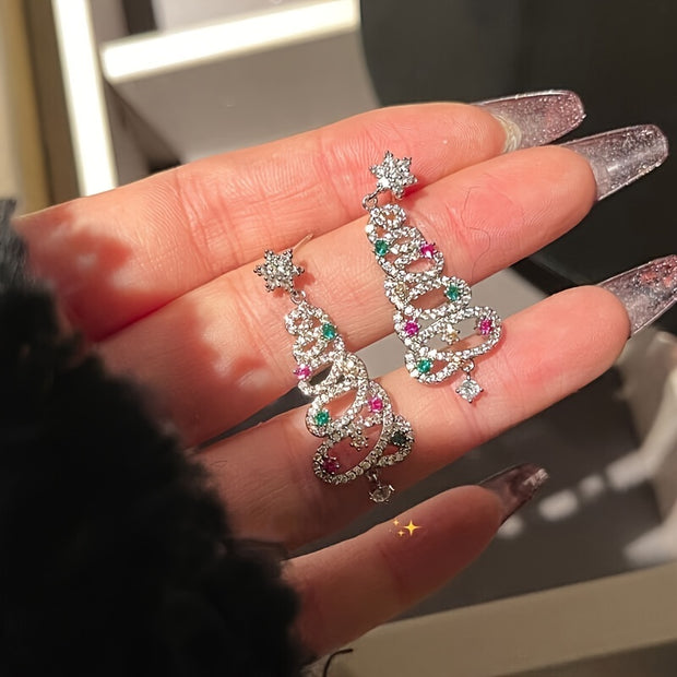 Luxurious 925 Sterling Silver Christmas Tree Drop Earrings – Dazzling Crystal Accents, Hypoallergenic, Nickel-Free
