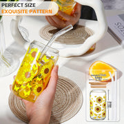 4PS Sunflower Printed Glass With Lid And Straw 16OZ Coffee Mugs, Drinking Mugs 4-Piece Set For Coffee, Milk Tea, Juice, Beer Mugs, Gift Mugs - Luxe Ladies Moda