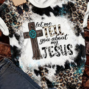 Let Me Tell You About My Jesus Letter & Cross Print T-shirt, Casual Vintage Leopard Short Sleeve T-shirt, Women's Clothing - Luxe Ladies Moda