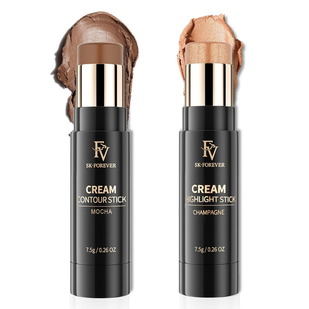 Contour and Highlighter Stick, Highly Pigmented & Blendable, Long Lasting & Creamy Texture, Waterproof, Natural Finish Contour Set for Face Sculpting, Travel-Friendly, 01 Amber & 03 Champagne