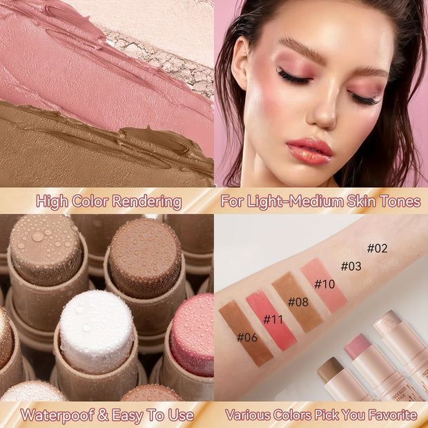 3Pcs Contour Stick, Blush Stick, Highlighter Stick, Bronzer Stick, 3 Pcs Cream Contour Kit With Brush For A Flawless Look, Contour Stick Makeup Non-Greasy Waterproof, Long-lasting Fair-Medium - Luxe Ladies Moda