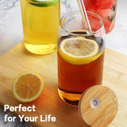 4Pcs Drinking Glasses with Bamboo Lids and Glass Straw - 16 Oz Can Shaped Glass Cups for Beer, Ice Coffee, Cute Tumbler Cup Great for Soda Boba Tea Cocktail Include 2 Cleaning Brushes - Luxe Ladies Moda