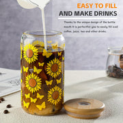 4PS Sunflower Printed Glass With Lid And Straw 16OZ Coffee Mugs, Drinking Mugs 4-Piece Set For Coffee, Milk Tea, Juice, Beer Mugs, Gift Mugs - Luxe Ladies Moda