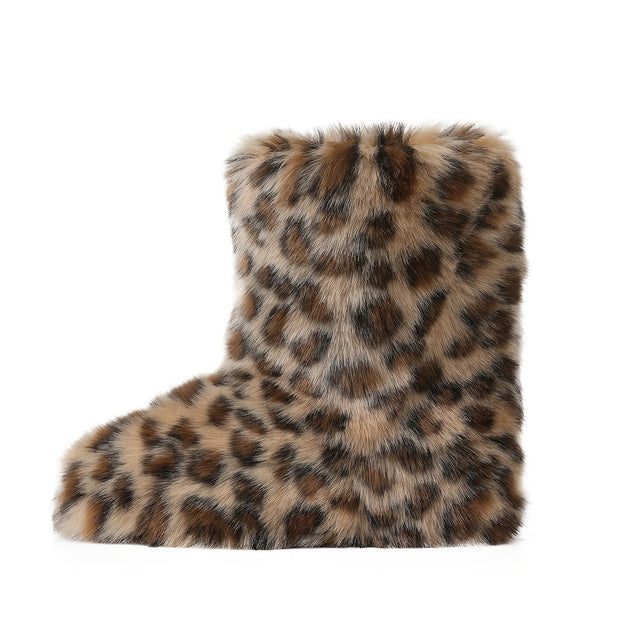 Cozy Leopard Print Faux Fur Winter Boots for Women - Fluffy & Warm Snow Booties with Soft Rubber Sole, Round Toe Design, Fashionable Outdoor Footwear, Girls, Flat - Luxe Ladies Moda