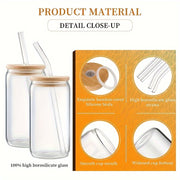 4Pcs Drinking Glasses with Bamboo Lids and Glass Straw - 16 Oz Can Shaped Glass Cups for Beer, Ice Coffee, Cute Tumbler Cup Great for Soda Boba Tea Cocktail Include 2 Cleaning Brushes - Luxe Ladies Moda