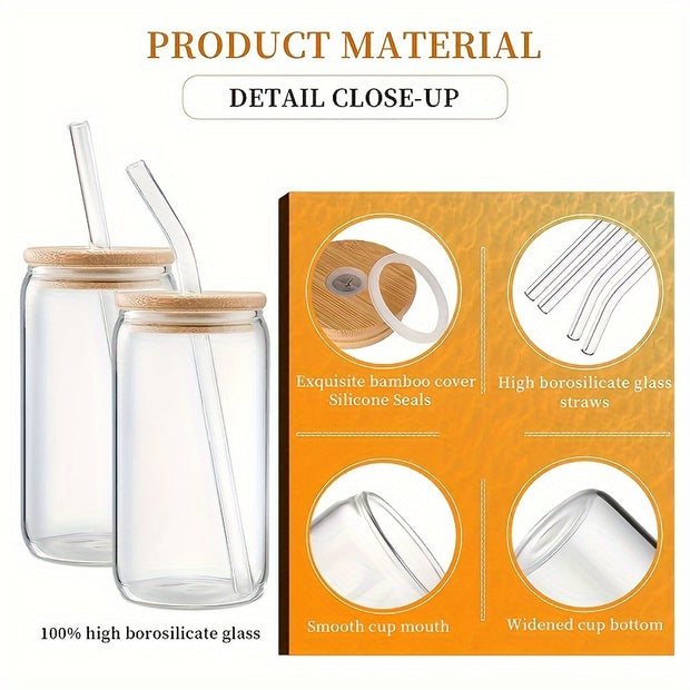 4Pcs Drinking Glasses with Bamboo Lids and Glass Straw - 16 Oz Can Shaped Glass Cups for Beer, Ice Coffee, Cute Tumbler Cup Great for Soda Boba Tea Cocktail Include 2 Cleaning Brushes - Luxe Ladies Moda