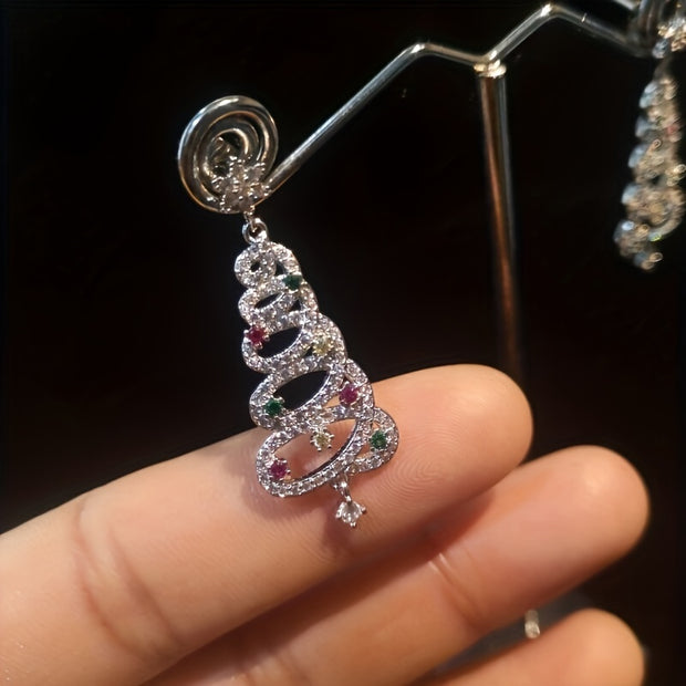 Luxurious 925 Sterling Silver Christmas Tree Drop Earrings – Dazzling Crystal Accents, Hypoallergenic, Nickel-Free