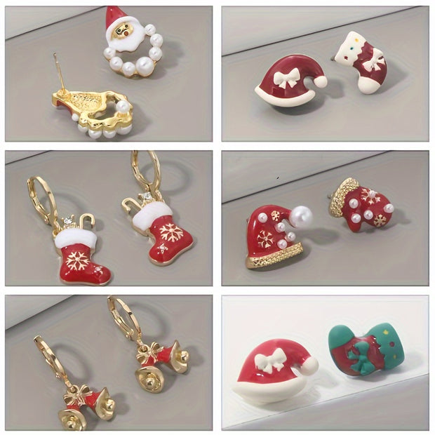 6-piece Set European And American Christmas Style Cute Asymmetrical Earrings For Women Small And Exquisite Temperament Simple Earrings New Style Trendy Snowflake - Luxe Ladies Moda