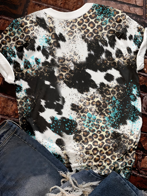 Let Me Tell You About My Jesus Letter & Cross Print T-shirt, Casual Vintage Leopard Short Sleeve T-shirt, Women's Clothing - Luxe Ladies Moda