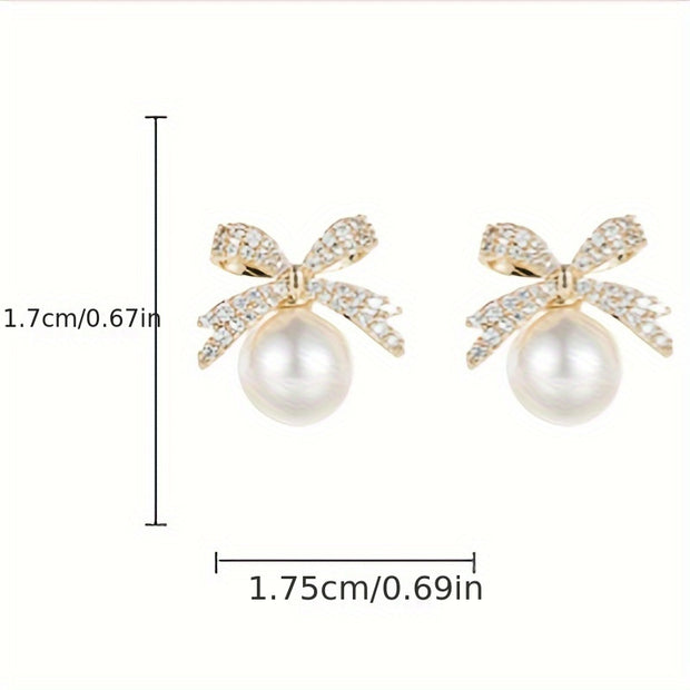 Chic Vintage-Inspired Bow & Faux Pearl Stud Earrings with Sparkling Rhinestones - Perfect for Parties & Festivals - Luxe Ladies Moda