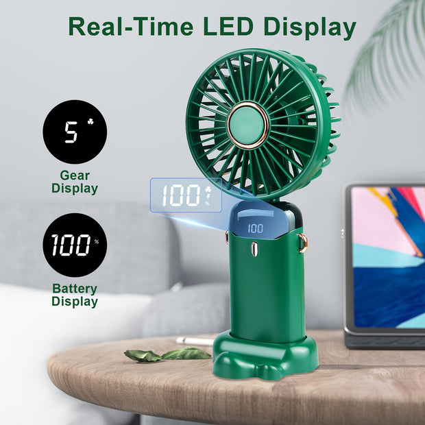 Portable Handheld Fan – 5-Speed USB Rechargeable, 5000mAh Personal Pocket Fan with LED Display, Quiet for Office, Travel, Outdoor, Home - Luxe Ladies Moda