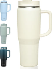 40 Oz Tumbler with Handle, Insulated Tumblers with Lid and Straw, Large Metal Sports Water Bottle Jug, Thermal Stainless Steel Travel Coffee Mug Cup, Cream - Luxe Ladies Moda